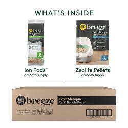 What's inside the Tidy Cats Breeze Extra Strenfth Refill Bundle Pack – 2 months supply of Ion Pads and Zeolite Pellets.