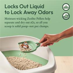 Locks out liquid to lock away odors. Moisture-wicking Zeolite Pellets help separate and dry out #2s, so all you scoop is solid poop–not pee clumps.