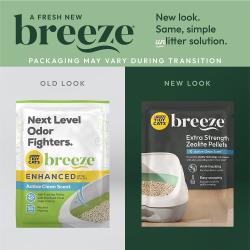 New look for Tidy Cats Breeze Active Clean Scent Extra Strength Zeolite Pellets. Packaging may vary during transition.