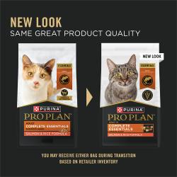 Pro Plan Complete Essentials Shredded Blend salmon and rice dry cat food has a new look but the same great product quality.