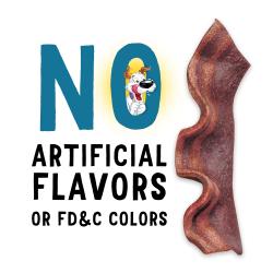 A Beggin' Bacon & Beef Brisket flavored dog treat with text: No Artificial Flavors or FD&C Colors.