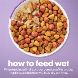 How to feed wet.When feeding with dry product, one can of this product replaces approximately 1/4 cup dry pet food.