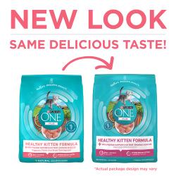 Purina ONE +Plus Healthy Kitten Chicken Dry Cat Food has a new look with the same delicious taste.