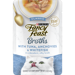 Complemento en caldo de alimento húmedo para gato Fancy Feast de Purina con atún, anchoas y pescado blanco