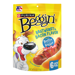 Beggin’ Bratwurst & Bacon Flavor Dog Treats package.