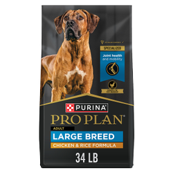 34 lb. bag of Purina Pro Plan Adult Large Breed chicken and rice dry dog food