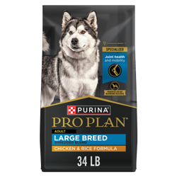 34 lb. bag of Purina Pro Plan Large Breed Shredded Blend chicken and rice dry dog food