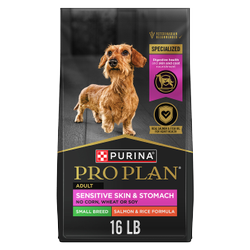 16 lb. bag of Purina Pro Plan Sensitive Skin & Stomach Small Breed salmon and rice dry dog food