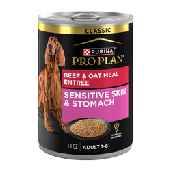 13oz can of Purina Pro Plan Sensitive Skin and Stomach beef and oat meal wet dog food