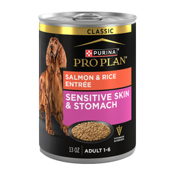 13oz can of Purina Pro Plan Sensitive Skin and Stomach salmon and rice wet dog food