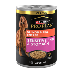13oz can of Purina Pro Plan Sensitive Skin and Stomach salmon and rice wet dog food