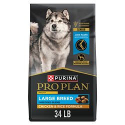 34 lb. bag of Purina Pro Plan Large Breed Senior Shredded Blend chicken and rice dry dog food