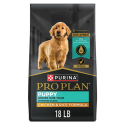 18 lb. bag of Purina Pro Plan Puppy Shredded Blend chicken and rice dry dog food