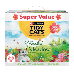23 lb. box of Tidy Cats Tidy Cats Blissful Meadow scented odor control clumping super value cat litter.