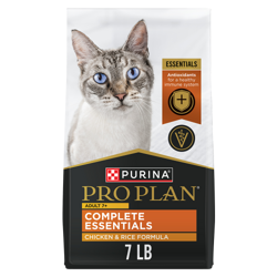 A 7 lb bag of Purina Pro Plan Complete Essentials adult seven plus chicken and rice dry cat food.