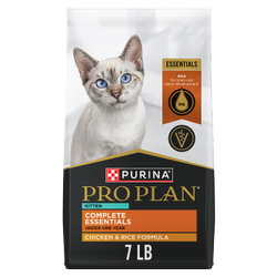 A 7 lb bag of Purina Pro Plan Complete Essentials chicken and rice dry kitten food