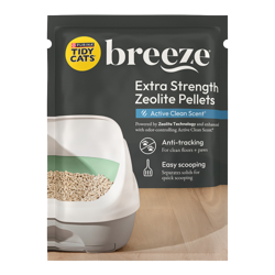 Tidy Cats Breeze Active Clean Scent Extra Strength Zeolite Pellets package.