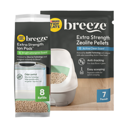 Tidy Cats Breeze Extra Strength Refill Bundle Pack with Ion Pads and Zeolite Pellets packages.