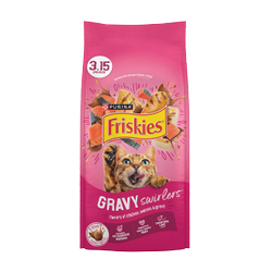 Friskies Gravy Swirlers Dry Cat Food With Flavors of Chicken, Salmon & Gravy package.