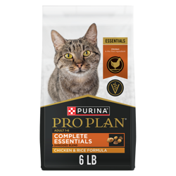 A 6 pound bag of Pro Plan Complete Essentials Shredded Blend chicken and rice dry cat food.