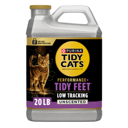 A 20 lb jug of Tidy Cats Performance Plus Tidy Feet Low Tracking Unscented cat litter.