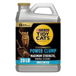 A 20 lb jug of Tidy Cats Performance Plus Power Clump Unscented Multi Cat Litter.