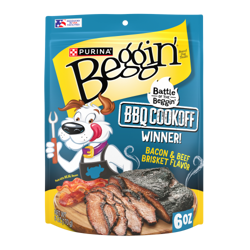 A 6 oz package of Beggin' Bacon & Beef Brisket flavored dog treats. Winner of the 2025 Battle of the Beggin' BBQ Cookoff.