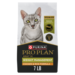 A 7-pound bag of Pro Plan Adult Weight Management Chicken and Rice Dry Cat Food.