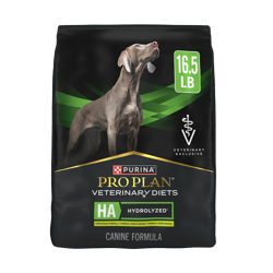 A 16.5 pound bag of Purina Pro Plan Veterinary Diets HA Hydrolyzed Vegetarian Formula dry dog food.