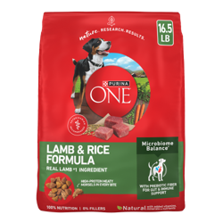 Purina ONE lamb and rice formula dry dog food package.