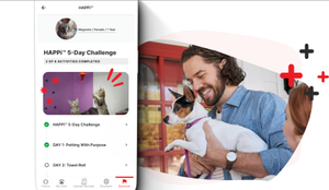 person holding a cat with the myPurina app in a phone mockup