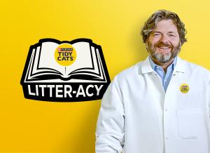 Tidy Cats Litter-acy logo next to Nathan Huck on a yellow background.
