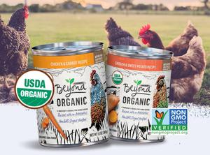 Beyond Organic Wet dog food Recipes over an image of free range chickens in a field