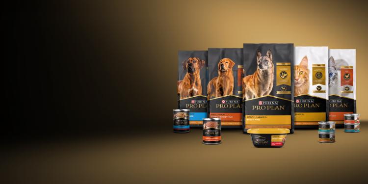 A group of bags of Pro Plan dog food